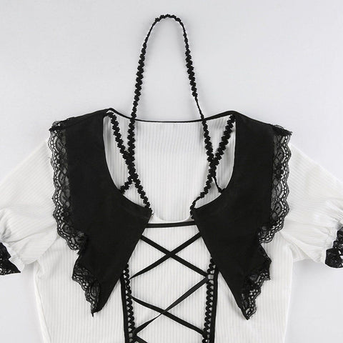 Lace Patchwork Straps Short Sleeve T Shirt - Anagoc