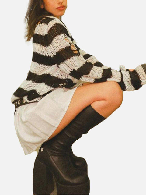 Cut Stripe Hollow Sweater - Anagoc