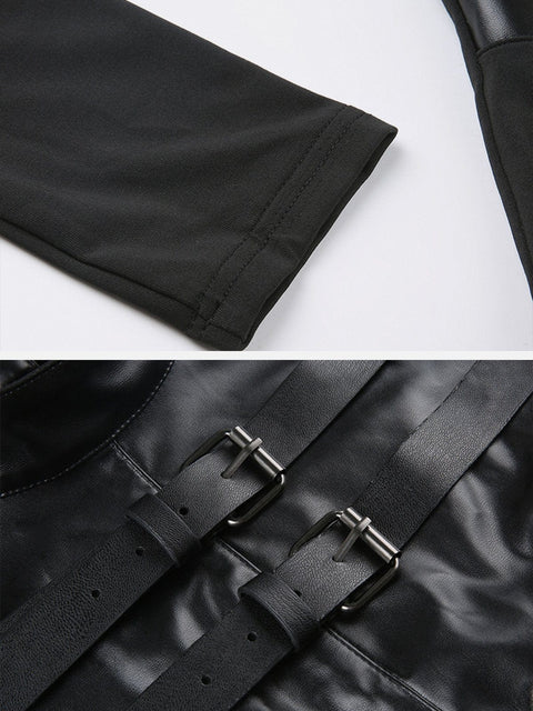 Leather Metal Buckle Long Sleeve Corp T Shirt