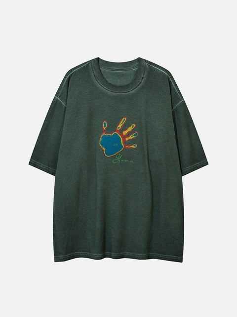 Neon Palm Embroidery Washed Tee - Anagoc