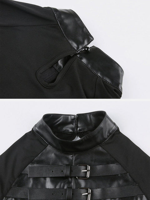 Leather Panel Metal Buckle Long Sleeve T Shirt - Anagoc