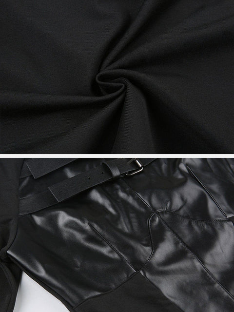 Leather Panel Metal Buckle Long Sleeve T Shirt - Anagoc