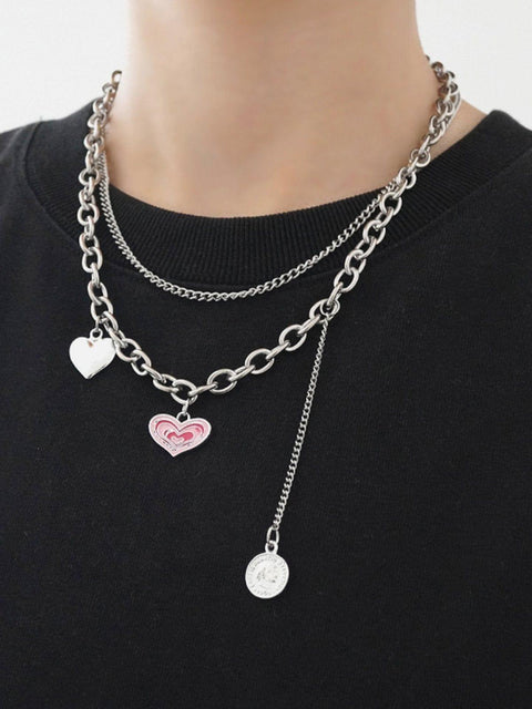 Pink Heart Coin Double Necklace - Anagoc