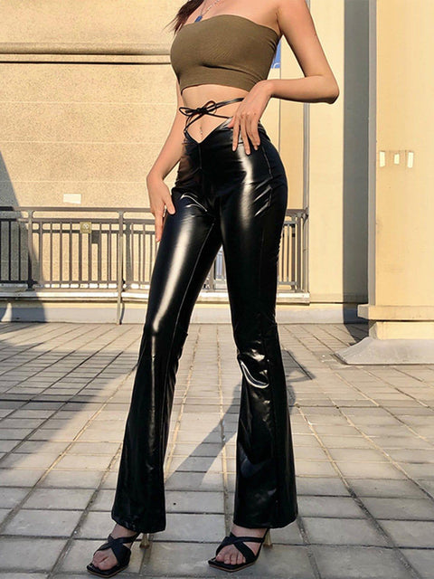 Wide-Leg Strap Slim Fit PU Leather Pant - Anagoc