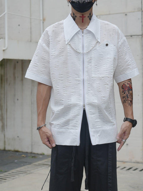 Chain Zip Up Short Sleeve Shirt - Anagoc