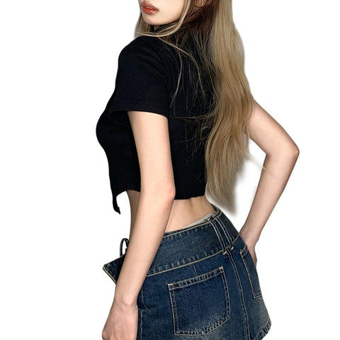 Punk Navel Metal Button Short Sleeve T Shirt - Anagoc