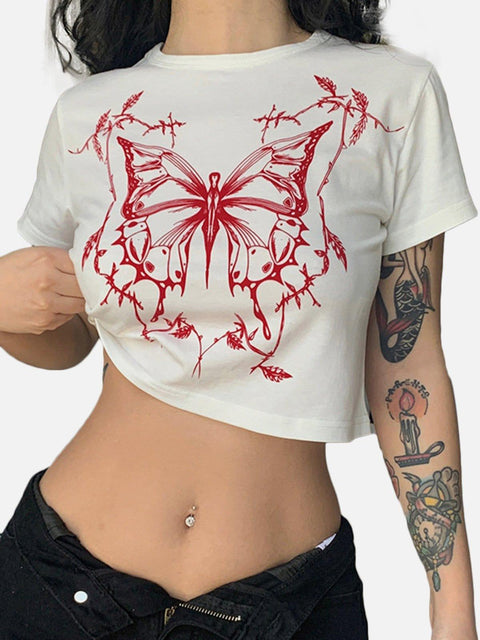 Butterfly Print Short Sleeve T Shirt - Anagoc