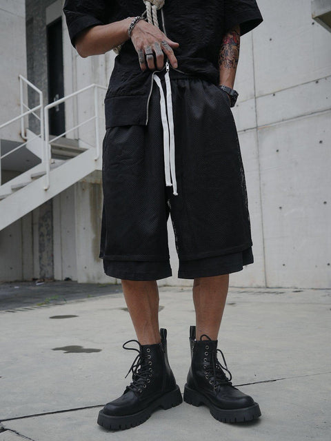Mesh Rivet Fake Two Shorts - Anagoc