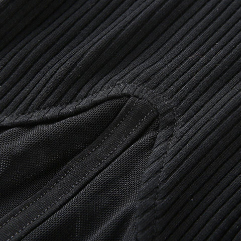 Slim Patchwork Black Mesh Crop Short Sleeve T-shirt - Anagoc