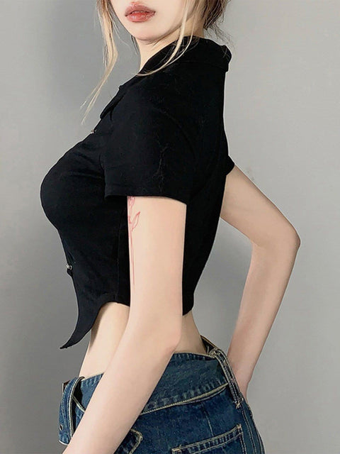Metal Button Short Sleeve Shirt - Anagoc