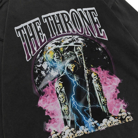 Dark Skull Lightning Print Ripped Hole Sweatshirt - Anagoc