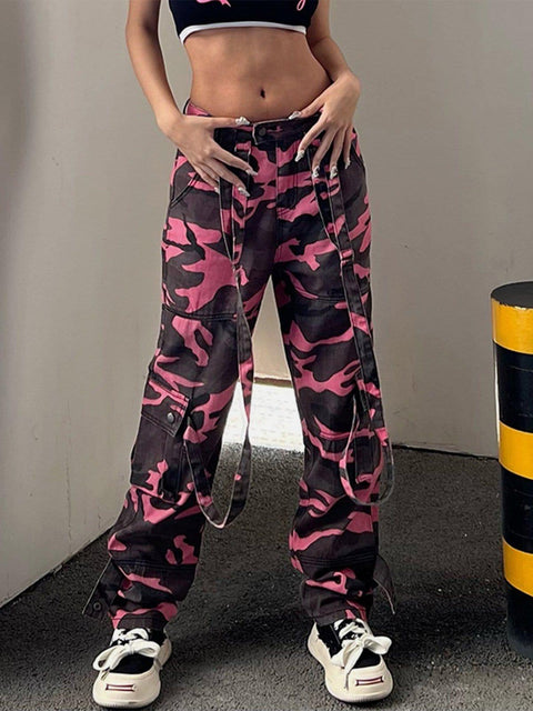 Ribbon Multi Pockets Camouflage Jeans - Anagoc