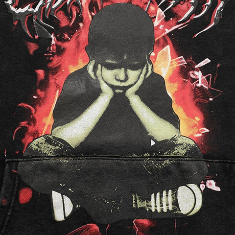 Flame Melancholy Boy Print Washed Hoodie - Anagoc