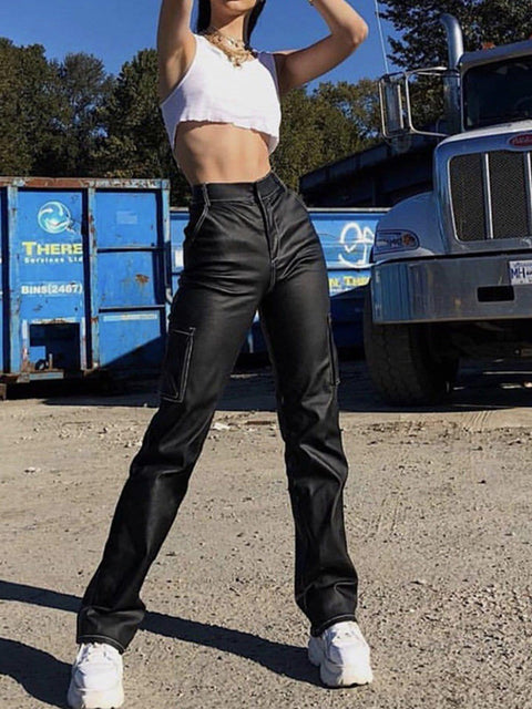 Multi Pockets Buckle Straight Pants - Anagoc