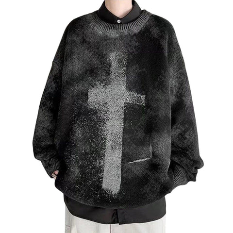 Dark Tie Dye Cross Knitted Sweater - Anagoc