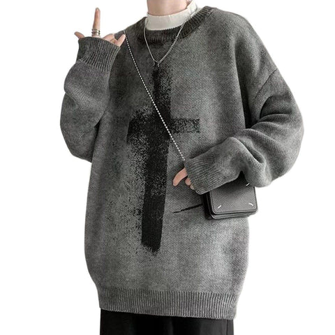 Dark Tie Dye Cross Knitted Sweater - Anagoc