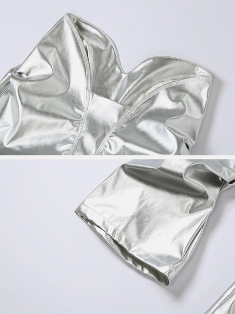 Technological Silver Pleated PU Pants - Anagoc