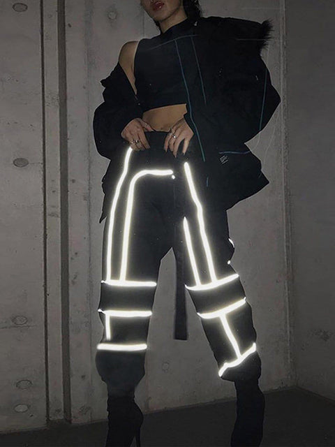 High Waist Reflective Strip Cargo Pants - Anagoc