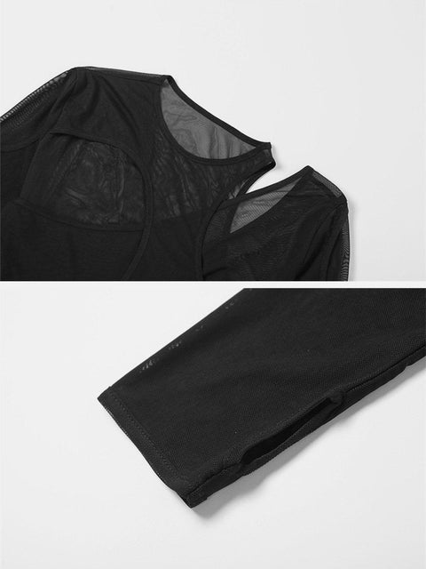 Fake Two Mesh Perspective Jumpsuit - Anagoc