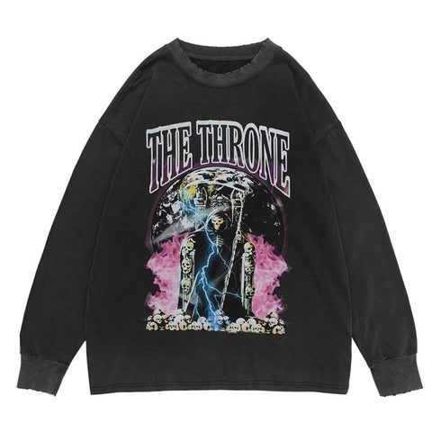 Dark Skull Lightning Print Ripped Hole Sweatshirt - Anagoc