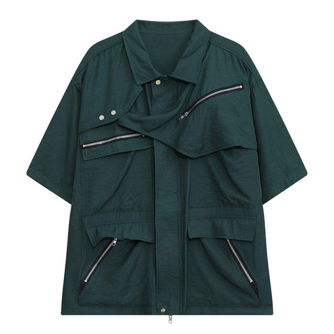 Multi Pockets Zip Up Short Sleeve Shirt - Anagoc
