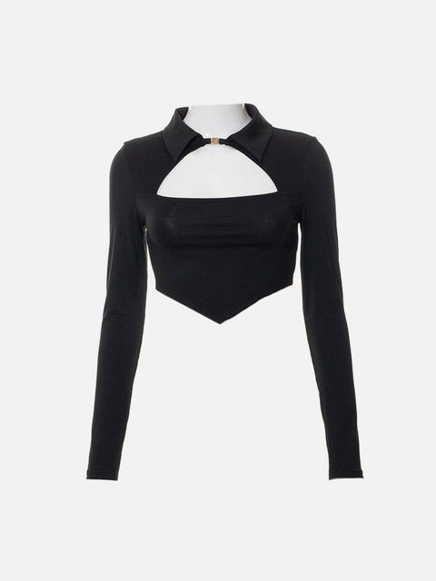 Hollow Out Patchwork Long Sleeve T Shirt - Anagoc