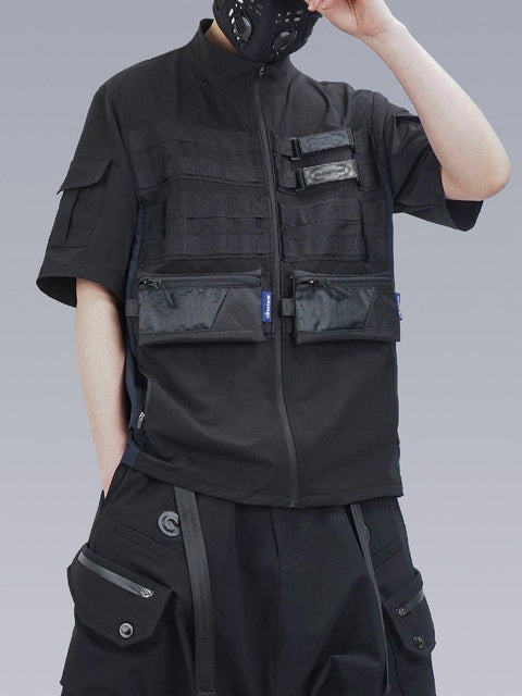 Patchwork Zip Up Function Short Sleeve Shirt - Anagoc