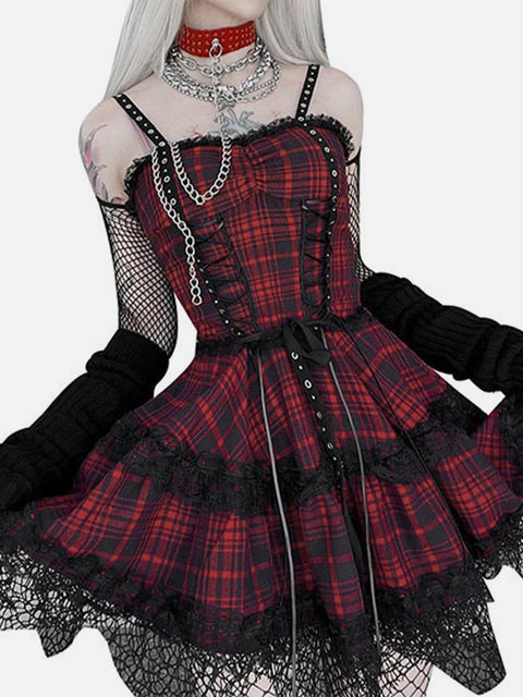 Plaid Straps Gothic Dress - Anagoc