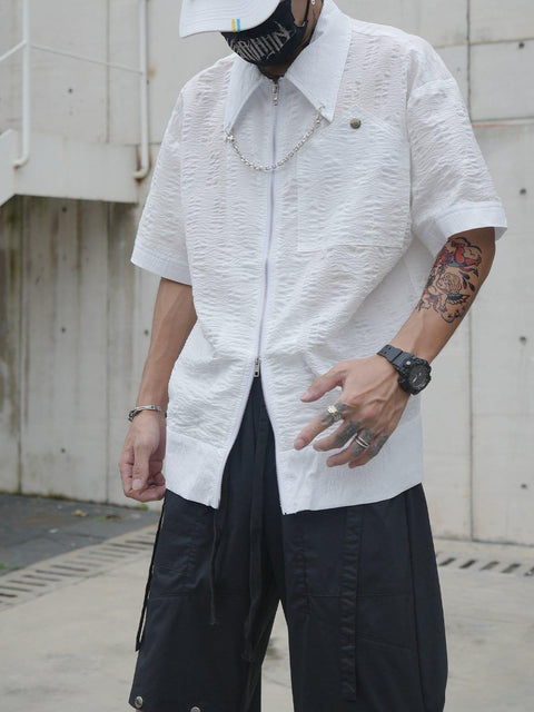 Chain Zip Up Short Sleeve Shirt - Anagoc
