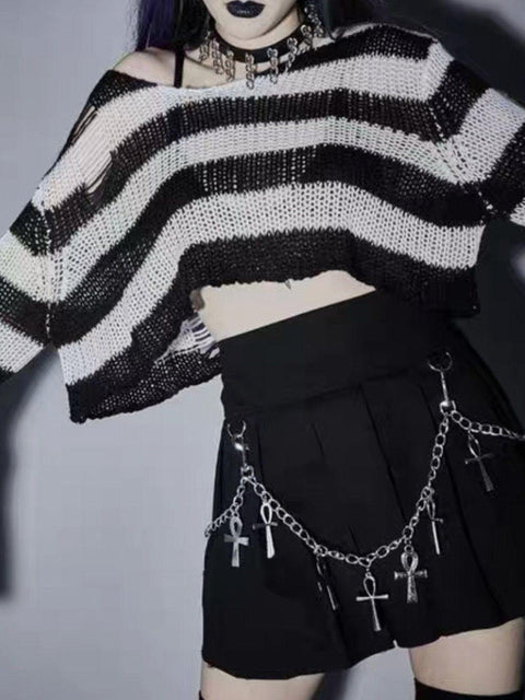 Stripe Hole Short Sweater - Anagoc