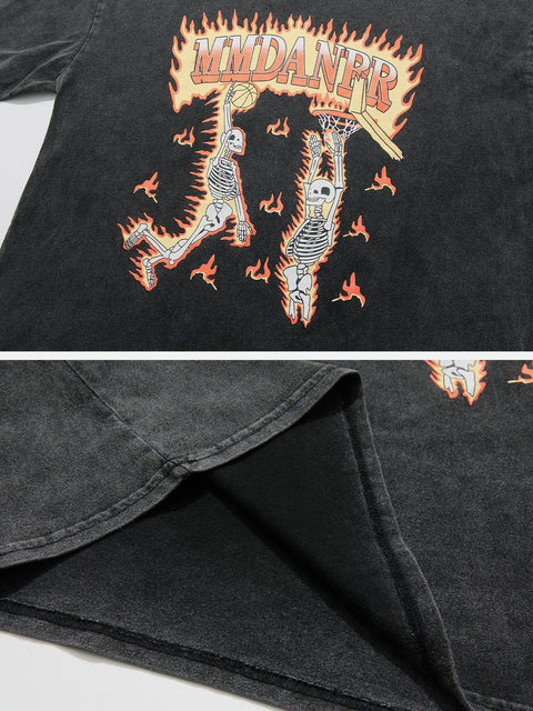 Washed Burning Skeleton Dunk Graphic Tee - Anagoc