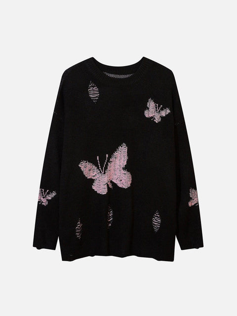 Butterflies Ripper Hole Knit Sweater - Anagoc