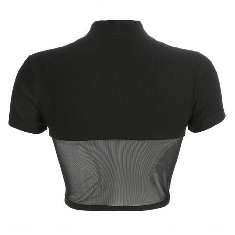 Slim Patchwork Black Mesh Crop Short Sleeve T-shirt - Anagoc