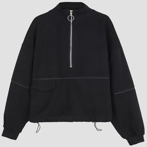 Dark Half Zipper Drawstring Sweatshirt - Anagoc
