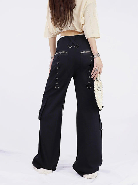 Dark Print Rivet Ribbons Pants - Anagoc