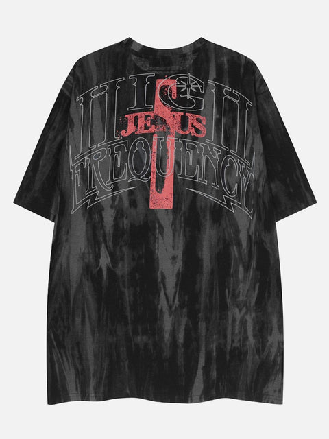 Washed Tie Dye Cross Letters Graphic Tee - Anagoc