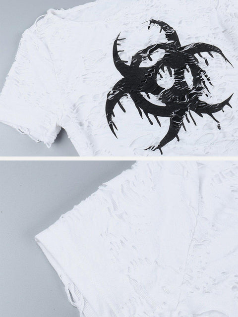 Cut Hollow Short Sleeve T Shirt - Anagoc