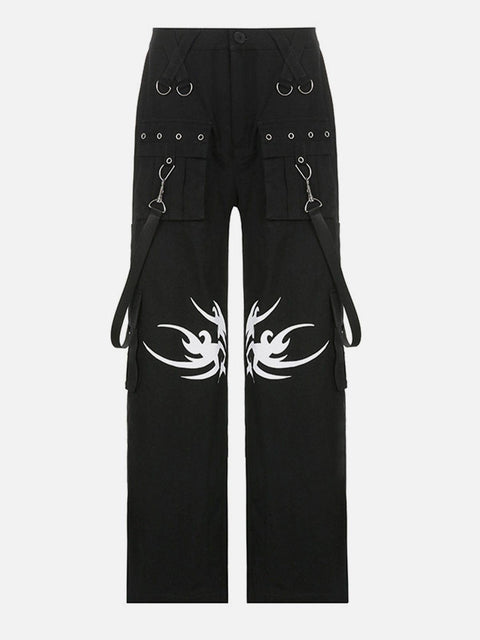 Dark Print Rivet Ribbons Pants - Anagoc