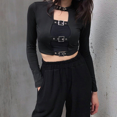 Dark Hollow Out Lace Long Sleeve Crop T Shirt - Anagoc