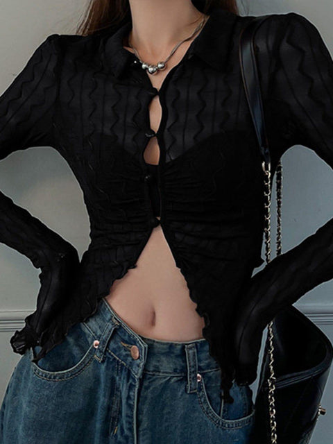 Sexy Perspective Ruched Long Sleeve T Shirt - Anagoc