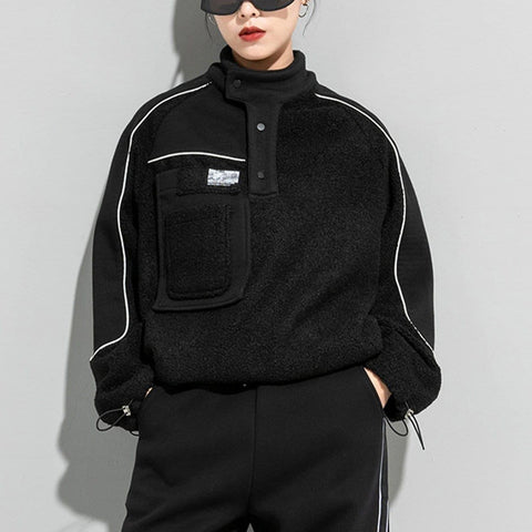 Dark Patchwork Drawstring Sherpa Sweatshirt - Anagoc
