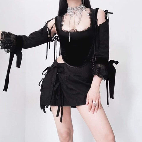 Dark Design Lace Vest Flared Sleeve Long Sleeve T-shirt - Anagoc