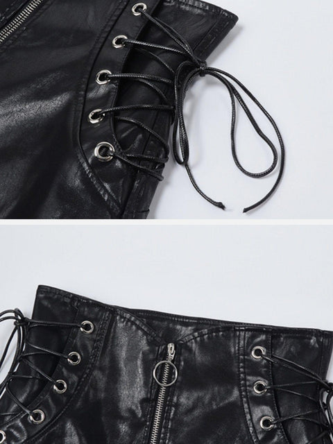 Side Straps Zip Up PU Skirt - Anagoc