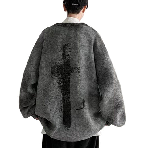 Dark Tie Dye Cross Knitted Sweater - Anagoc