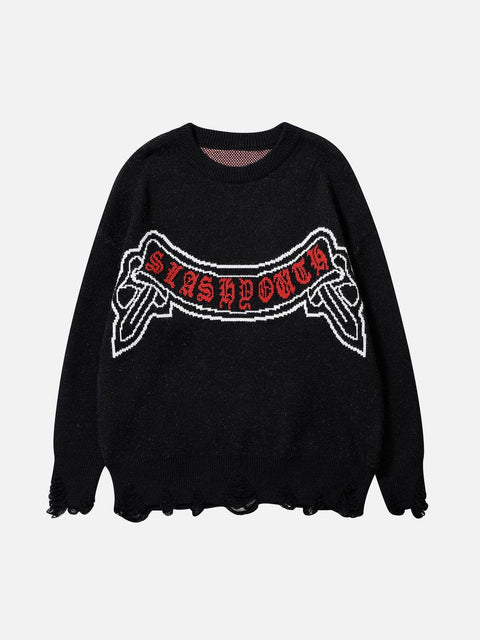 Letters Ripper Hole Sweater - Anagoc
