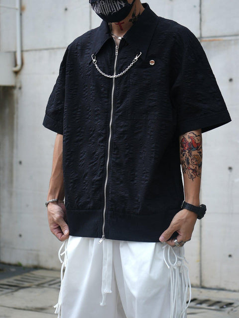 Chain Zip Up Short Sleeve Shirt - Anagoc