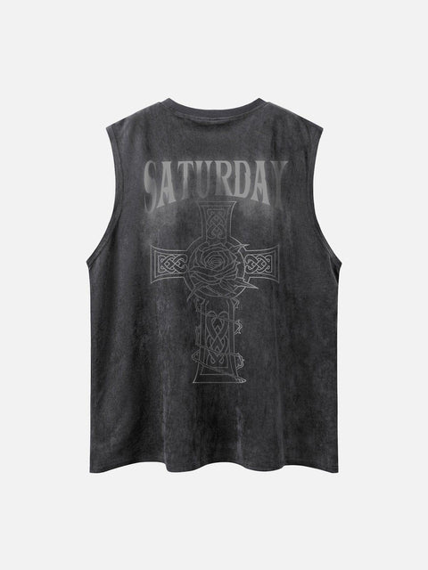 Necklace Cross Print Suede Vest - Anagoc