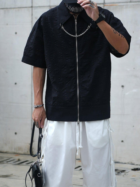 Chain Zip Up Short Sleeve Shirt - Anagoc