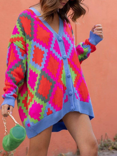 Pixel Plaid Cardigan Sweater - Anagoc