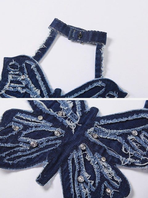 Denim Distressed Butterfly Suspender Vest - Anagoc